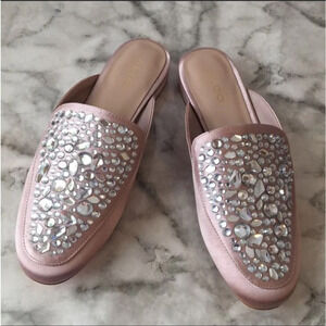 Pink satin rhinestone mules